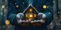 Glowing miniature house held in cupped hands against dark background with magical bokeh lights, creating cozy winter atmosphere for real estate concepts.
