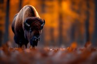 Majestic American bison standing in autumn forest with warm golden light filtering through trees, creating dramatic wildlife portrait in natural habitat.