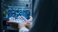 Businessman holding holographic AI brain network with glowing connections and decision algorithm text overlay for technology presentations.