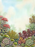 Watercolor succulent garden frame with colorful plants and soft pastel background for botanical designs and nature-themed projects.