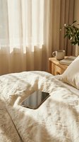 Cozy bedroom interior with smartphone on unmade bed, warm natural lighting through curtains, wooden nightstand with coffee cup and plant.