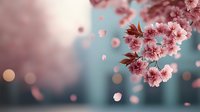 Delicate pink cherry blossoms against soft turquoise background with falling petals and dreamy bokeh lights creating romantic spring atmosphere for nature photography.