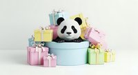 Cute panda character sitting in light blue round box surrounded by colorful gift boxes in pastel colors, isolated on white background for greeting cards, children's designs, celebrations.