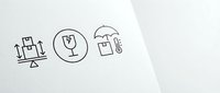 Minimalist line art icons showing package balance scale, fragile wine glass symbol, and temperature-sensitive shipping box for logistics and delivery services.