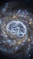 Glowing brain with neural network connections floating in cosmic space with stars and nebula for neuroscience and artificial intelligence concepts.