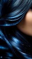 Flowing strands of luminous blue hair with sparkling highlights against dark background, creating magical ethereal effect for beauty and fashion designs.