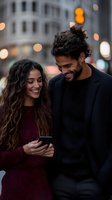 Happy young couple laughing while looking at smartphone together on city street at dusk with warm bokeh lights creating romantic urban evening atmosphere.