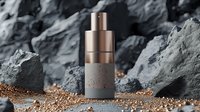 Luxury concrete and copper cosmetic bottle on rocky background with metallic particles. Premium skincare packaging mockup for modern beauty product design.