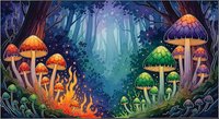 Enchanted forest pathway with glowing mushrooms in vibrant orange, yellow, and purple hues surrounded by mystical woodland atmosphere and magical light particles for fantasy artwork and game design.