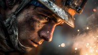 Intense close-up of soldier in combat helmet with sparks and smoke, dramatic lighting highlighting determined expression against dark background.