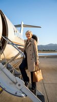 Mature blonde woman in professional business attire boarding private jet with leather handbag. Ideal for corporate travel, executive lifestyle, and luxury business concepts.