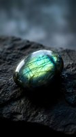 Polished labradorite gemstone with iridescent green and blue flash on dark volcanic rock surface showcasing natural mineral beauty and metaphysical properties.