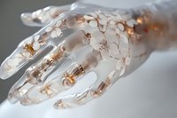 Transparent prosthetic hand with delicate golden flowers and botanical elements embedded in clear resin, showcasing innovative design and artistic craftsmanship.