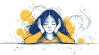 Young Asian woman in yellow sweater covering ears with hands, eyes closed, expressing stress and anxiety. Line art style with watercolor yellow splashes on white background.