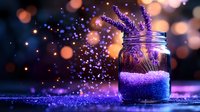 Purple lavender sprigs in mason jar with magical glowing bokeh lights and sparkly glitter scattered on dark surface, creating dreamy atmospheric composition.