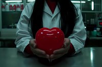 Female doctor with long dark hair holding red heart symbol in modern medical facility representing cardiovascular health and patient care.