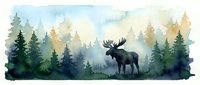 Watercolor moose silhouette in misty forest landscape with evergreen trees and soft morning light for nature designs.