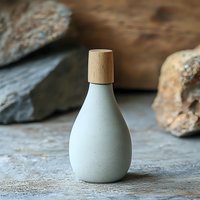 Minimalist white ceramic bottle with wooden cork stopper on concrete surface against blurred stone background, modern eco-friendly design aesthetic.