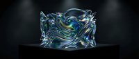 Holographic iridescent glass sculpture with fluid swirling shapes on dark pedestal, glowing with rainbow chrome reflections in studio lighting.