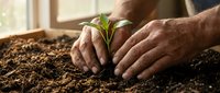 Hands protecting young green plant seedling growing in rich dark soil, symbolizing care, growth, environmental protection and sustainable agriculture concepts.