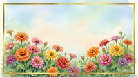 Watercolor zinnia flower border with gold frame on pastel sky background, copy space for greeting cards, invitations, and seasonal designs.