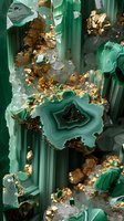 Luxurious emerald green malachite crystal formation with golden metallic accents and crystalline layers creating dramatic natural abstract patterns in mineral structure.