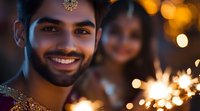 Young South Asian man in traditional golden attire smiling at festive celebration with sparklers and bokeh lights creating magical atmosphere during Diwali or wedding ceremony.