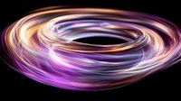 Swirling abstract light trails in purple, white and orange create dynamic circular motion against black background, suggesting energy and movement.
