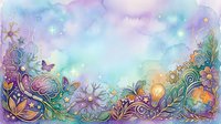 Watercolor floral border with ornamental flowers, leaves, and swirling patterns in soft pastel colors including purple, blue, green, and yellow tones on white background.