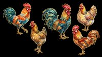 Colorful roosters and hens set isolated on transparent background, ready for stickers, T-shirt design, clipart, sublimation, and print on demand projects.