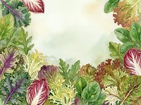 Watercolor illustration of fresh salad greens and leafy vegetables arranged as a decorative border frame with empty center space, suitable for recipe cards, menus, and culinary designs.