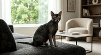 Elegant black cat sitting on gray sofa in modern living room with natural light from window, cozy home interior design for pet lifestyle content.