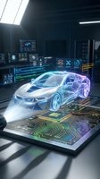 Futuristic holographic car projection emerging from digital tablet with glowing interface elements in modern tech laboratory for automotive design concepts.