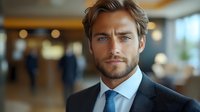 Professional businessman with beard in dark suit and blue tie standing confidently in modern office lobby with blurred background for corporate presentations.