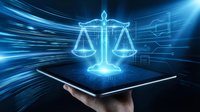 Digital justice scales hologram emerging from tablet screen with blue light trails and data streams representing legal technology and law innovation.
