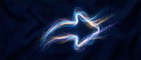 Glowing neon arrow with sparkling particle trail on dark blue background. Digital light effect for business presentations and futuristic designs.