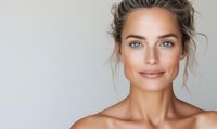 Young Caucasian woman with natural makeup, glowing skin, and messy updo hairstyle smiling against light background. Clean beauty and skincare concept.