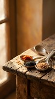 Wooden spoons filled with colorful spices and seeds arranged on rustic table by window with warm natural lighting for cooking and culinary concepts.