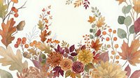 Watercolor autumn floral wreath with fall leaves, berries, and flowers in warm orange, red, and gold tones on white background.