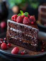 Slice of rich chocolate layer cake with cream filling, topped with fresh raspberries and mint leaves, dusted with cocoa powder on dark plate, moody food photography.