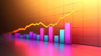 Glowing neon bar chart showing upward trend with vibrant pink and blue columns against orange gradient background, modern financial data visualization.