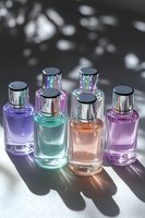 Colorful glass perfume bottles in pastel purple, mint, peach and pink shades casting shadows in natural sunlight. Luxury cosmetic product photography.