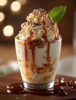 Creamy vanilla dessert topped with whipped cream, colorful sprinkles, caramel drizzle and fresh mint leaf in glass, served on wooden surface with bokeh background.