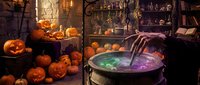 Witch's cauldron with glowing potion and carved jack-o-lanterns in spooky cottage setting for seasonal decorations and holiday marketing.