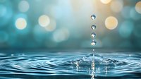 Water drops falling in sequence creating concentric ripples on calm surface with soft turquoise and gold bokeh background, capturing moment of impact and splash.