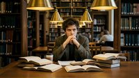 Young Caucasian male student sitting at library desk surrounded by open books under warm golden lamps, studying with focused expression.