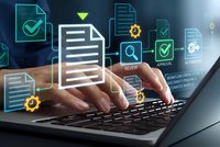 Digital document management system with hands typing on laptop showing workflow automation icons for business process optimization and approval.