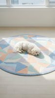 White fluffy dog resting on geometric patterned round rug in bright minimalist room with window. Pet relaxation and home interior design.