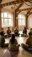Diverse group practicing meditation in rustic studio with exposed beams and warm string lights creating peaceful wellness atmosphere for mindfulness.