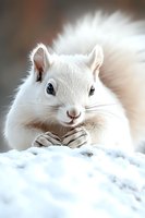 Adorable white squirrel with bright eyes resting on snowy ground, paws crossed, fluffy winter coat and expressive face captured in close-up portrait view.